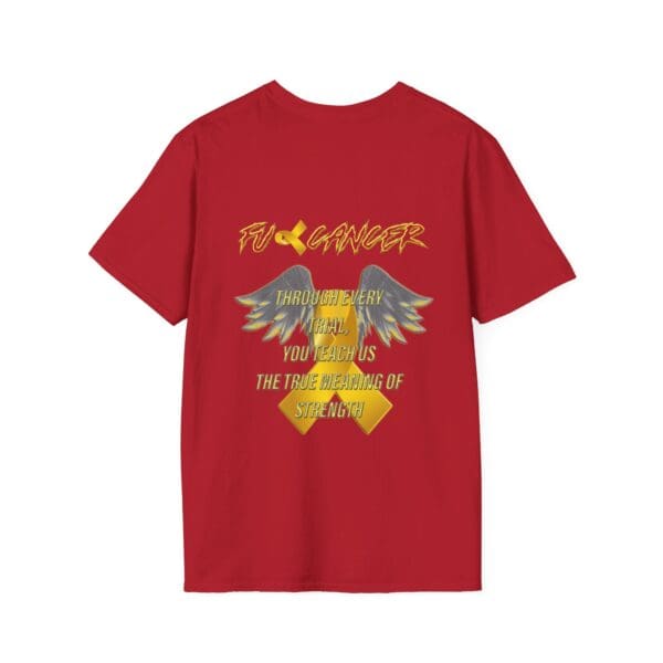 Yellow ribbon "F*** Cancer" t-shirt, expressing strength with wing graphics, designed as the F Cancer Childhood Cancer Awareness T-Shirt.