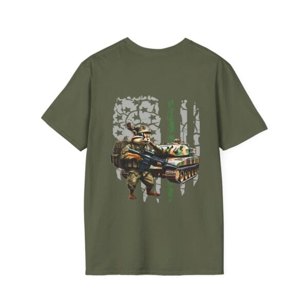 Chipmunk Battle: A green T-shirt showcasing a chipmunk in military gear holding a tank, with a backdrop of trees.