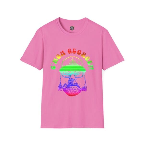 C'mon George!! Retro Rainbow Roadie T-Shirt in pink, showcasing a colorful outline of a bearded man with a hat and glasses, accompanied by the text 'C'mon George' above.