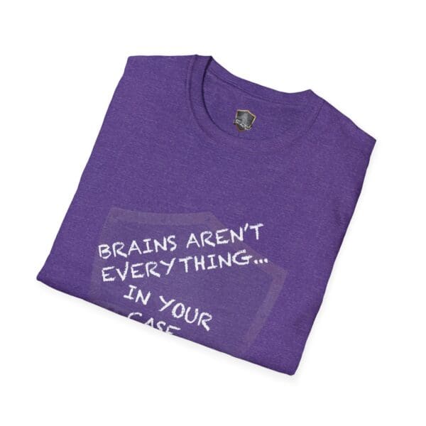 A folded Nothing T-Shirt in purple, featuring "BRAINS AREN'T EVERYTHING... IN YOUR CASE..." printed in white letters.