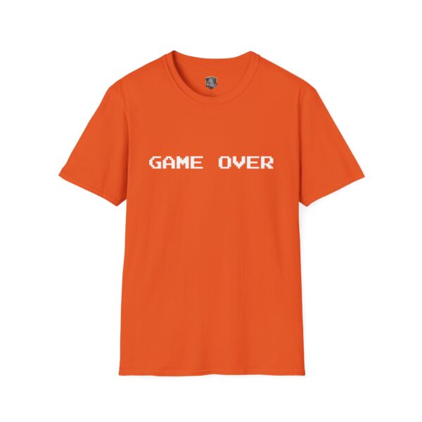 Orange Game Over T-shirt featuring white pixelated text on the front.