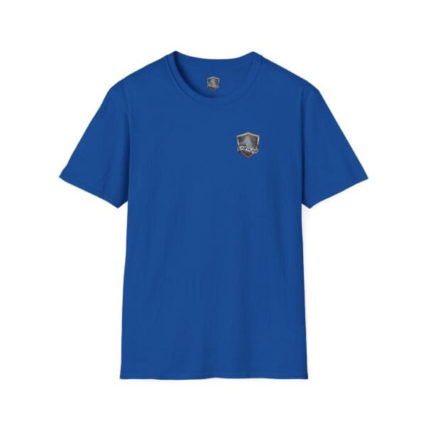 F Cancer Childhood Cancer Awareness T-Shirt in blue, showcasing a small shield logo on the left chest.