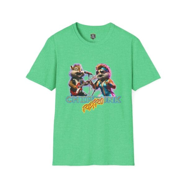 Green Chipmunk Retro t-shirt showcasing two cartoon chipmunks with instruments and the vibrant text "Chipmunk Rock.