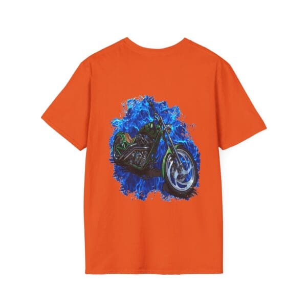 Chipmunk Motorcycle T-Shirt featuring a motorcycle graphic surrounded by blue flames on the back.