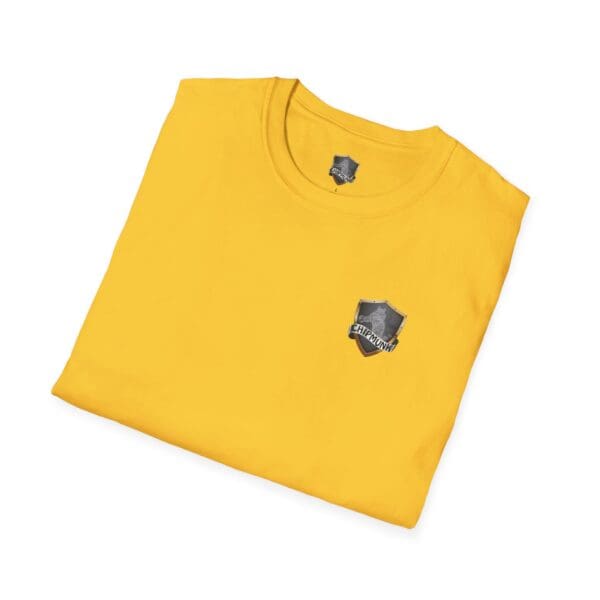 Folded F*ck Cancer Ribbon T-Shirt in yellow, featuring a small shield emblem with a skull design on the chest.