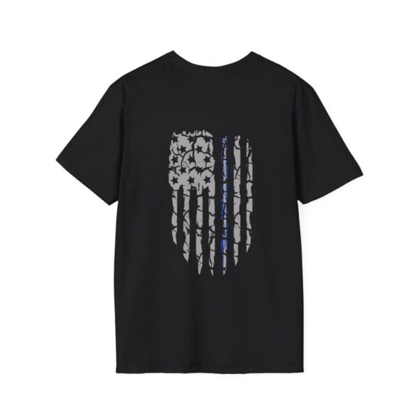 Black EMS Support T-Shirt with a stylized American flag featuring a horizontal blue line on the back.