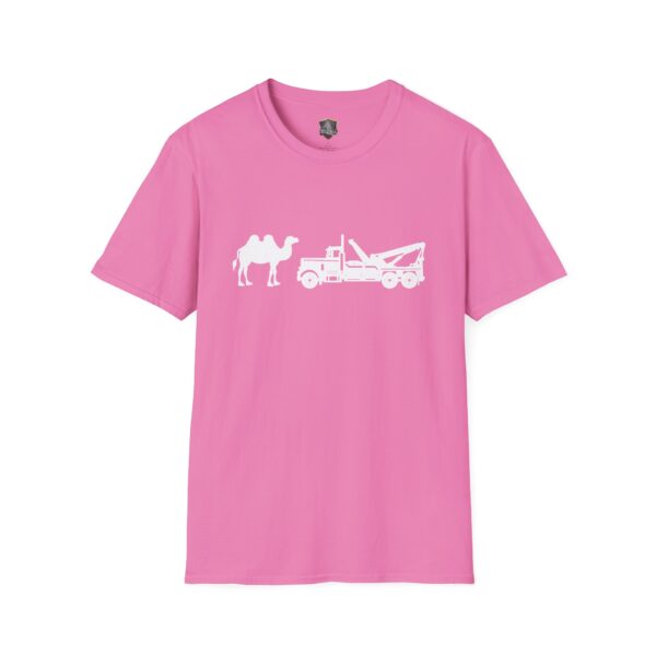 Pink T-shirt with the "Camel Tow" design, showcasing a white silhouette of a camel and a tow truck on the front.