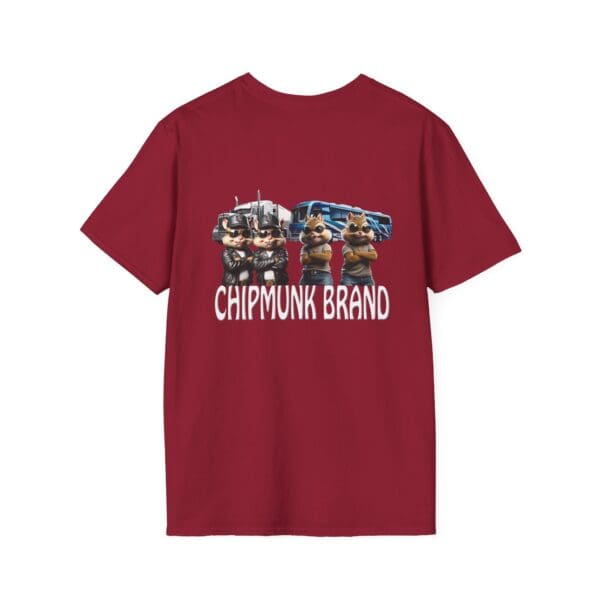 Chipmunk Family T-Shirt in red, showcasing cartoon chipmunks wearing sunglasses and posing with a truck, accompanied by the "Chipmunk Brand" text below.