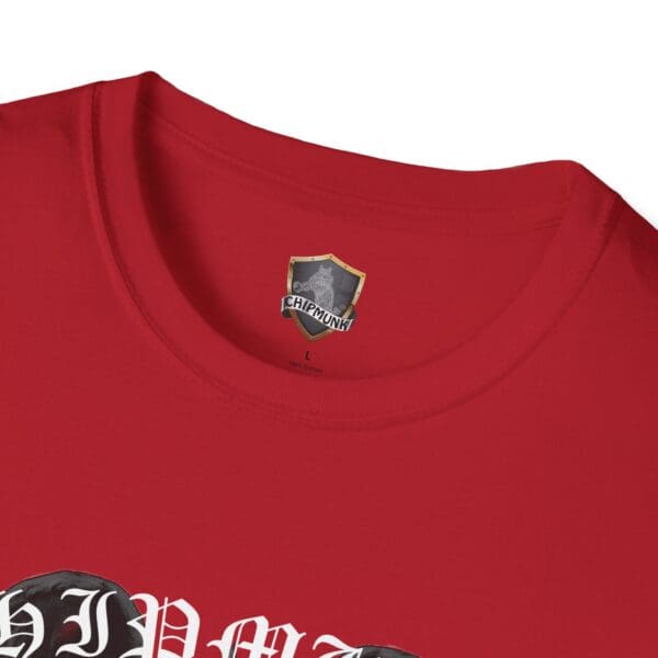 Close-up of a red Gothic Art T-Shirt collar with a "Chipmunk" label. The shirt showcases black and white text partially visible below the collar.