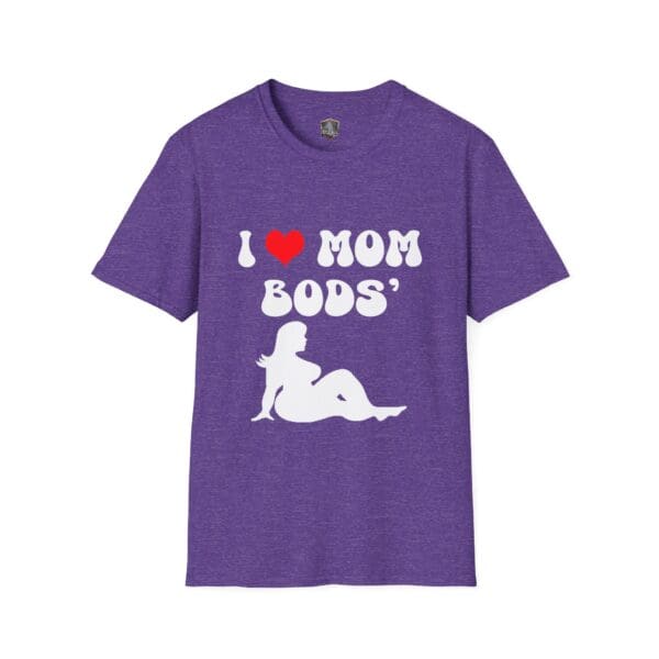 A T-shirt in purple featuring the text "I ❤️ Mom Bods" and a white silhouette of a reclining figure.