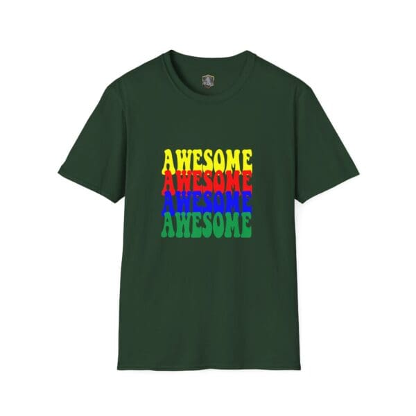 Dark green Awesome Shirt featuring the word "AWESOME" printed four times in vertical gradients of yellow, red, blue, and green.