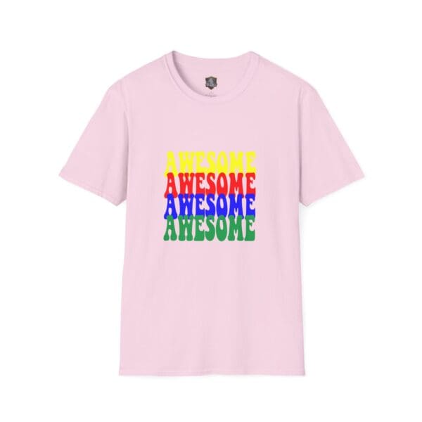 A pink "Awesome Shirt" featuring the word "AWESOME" printed four times vertically in yellow, red, blue, and green.