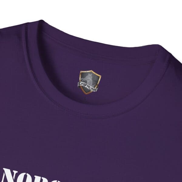 Close-up of a purple "Nobody Is Perfect" Statement T-Shirt displaying a Chipmunk logo on the inside collar and partial white text on the front.