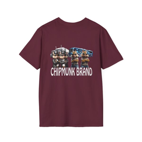 A maroon Chipmunk Family T-shirt with cartoon chipmunks dressed in police uniforms, positioned in front of a tow truck, and displaying the text "Chipmunk Brand.