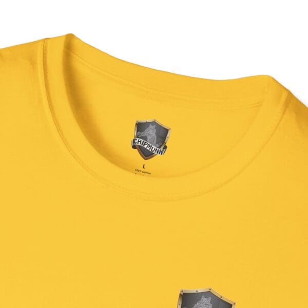 Close-up of a yellow t-shirt labeled "F*ck Cancer Ribbon" with a shield graphic on the chest, crafted from 100% cotton.