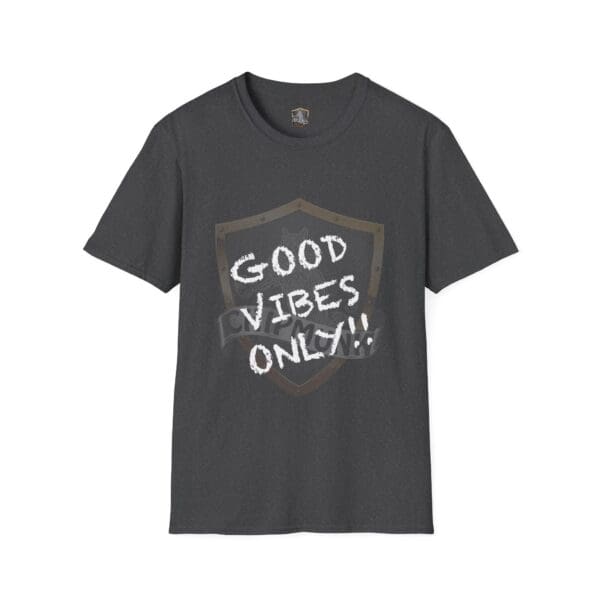 Good Vibes Only Shirt featuring a shield design and bold white letters.