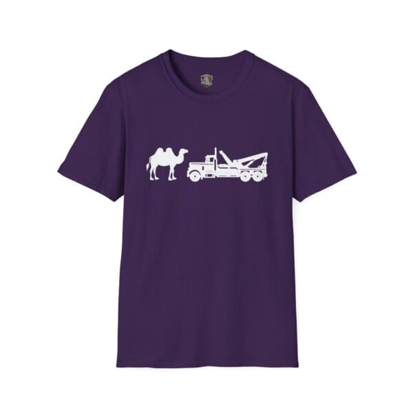 Camel Tow - a dark purple t-shirt featuring white silhouettes of a camel and a tow truck side by side.