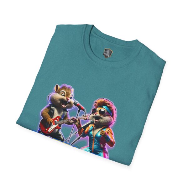 A folded teal t-shirt called "Chipmunk Retro" showcases two animated chipmunks; one is playing the guitar while the other sings into a microphone, both dressed in vibrant outfits with neon outlines.