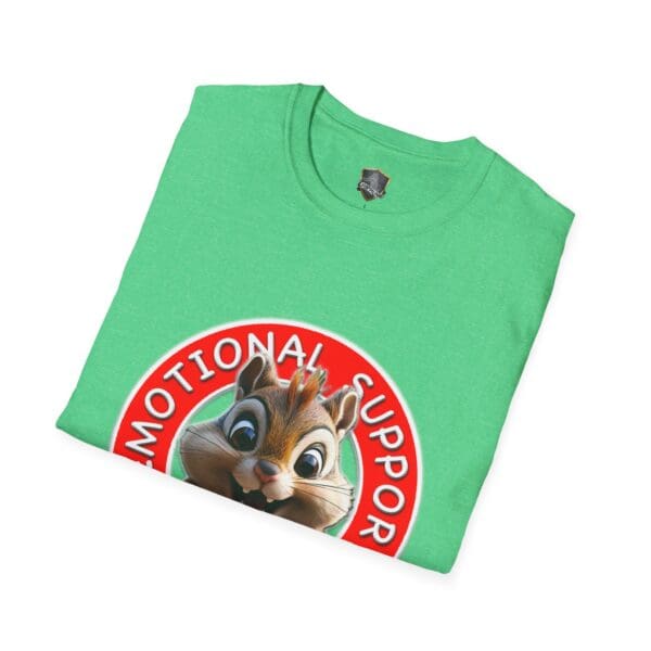 Green "Emotional Support Chipmunk T-Shirt" with a graphic of a smiling cartoon chipmunk inside a red circle and the phrase "EMOTIONAL SUPPORT".