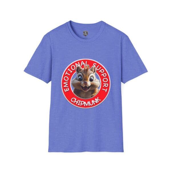 A T-shirt titled "Emotional Support Chipmunk," displaying a cartoon chipmunk encased in a red circle.