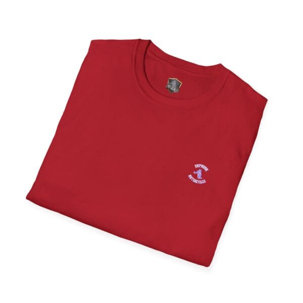 Chipmunk Motorcycle T-Shirt in red, featuring a small embroidered text and graphic on the left chest, neatly folded.