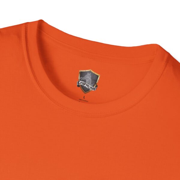 Close-up of an orange Chipmunk Motorcycle T-Shirt, focusing on the collar and label.