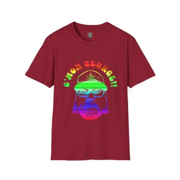 The "C'mon George!! Retro Rainbow Roadie T-Shirt" features a maroon color and showcases a vibrant graphic of a bearded man with glasses and a cap, accompanied by the text "C'MON GEORGE!!" above it.