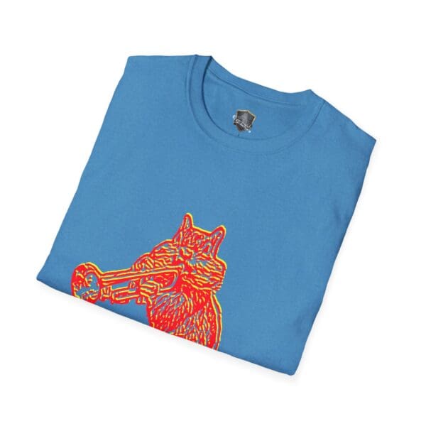 Chipmunk T-Shirt in blue displaying a stylized graphic of a cat playing a trumpet in vibrant red and yellow.