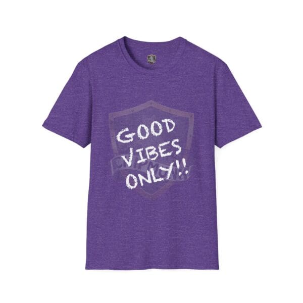 Good Vibes Only Shirt in purple featuring a shield graphic and the phrase "Good Vibes Only!!".