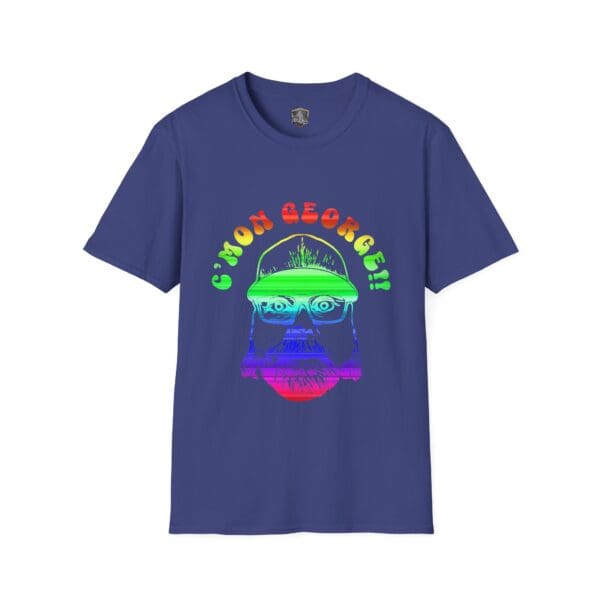 Retro rainbow roadie t-shirt featuring a vibrant stylized graphic of a bearded face with "C'MON GEORGE!!" printed above.