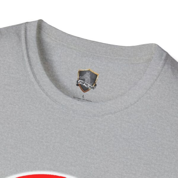 A close-up of the collar on an Emotional Support Chipmunk T-shirt, featuring the Chipmunk brand label. This gray tee is size L and made from a blend of 65% cotton and 35% polyester.