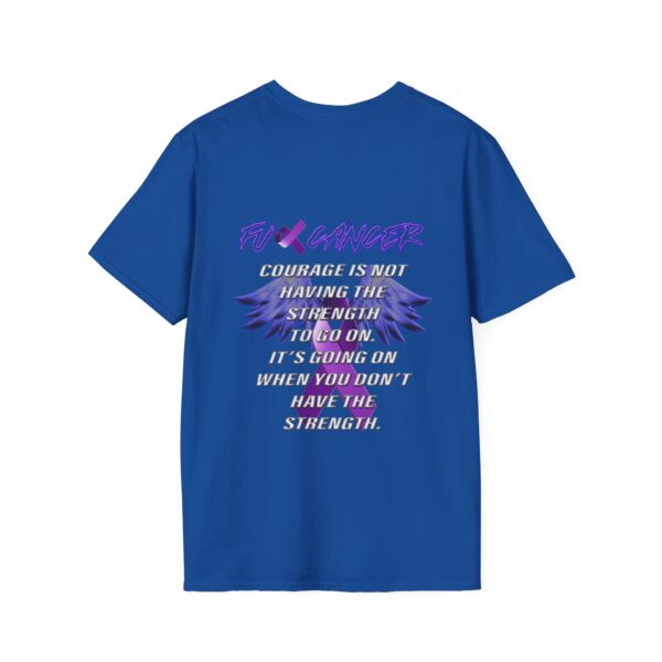 F*ck Cancer Ribbon T-Shirt featuring a blue design with the text: "Courage is not having the strength to go on. It's going on when you don't have the strength," adorned with purple and white elements.