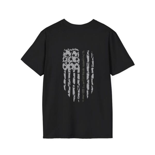 Correctional Officer Support T-Shirt in black, featuring a shield design on the back composed of distressed stars and stripes.