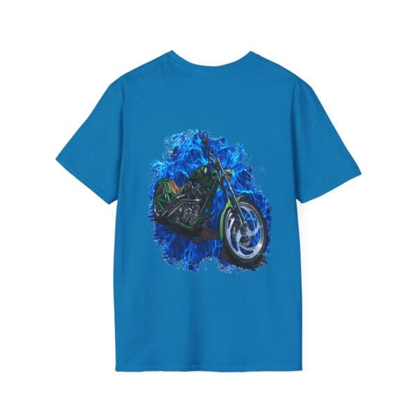 The Chipmunk Motorcycle T-Shirt showcases a motorcycle graphic set against a backdrop of flames.