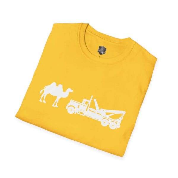 Yellow t-shirt featuring the "Camel Tow" white graphic.