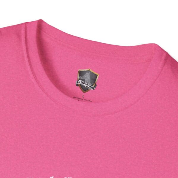 Close-up of the Dicktim T-shirt in pink featuring a Chipmunk logo on the inside collar.