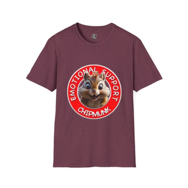 A t-shirt in maroon featuring a cartoon chipmunk, accompanied by the text "Emotional Support Chipmunk," utilizing the product name: Emotional Support Chipmunk T-Shirt.