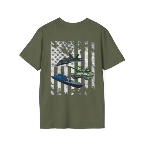 Olive green Land, Sea, and Air T-Shirt with illustrations of a jet, battleship, and tank set against a distressed American flag backdrop.