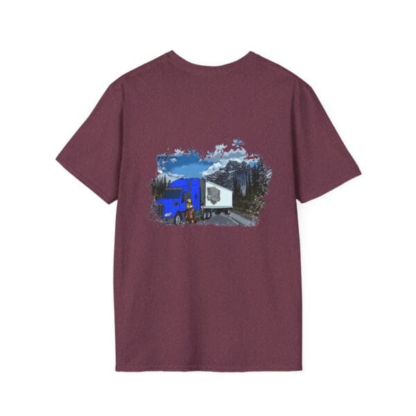 Chipmunk Trucker Shirt featuring a maroon color with an illustration of a blue truck on a mountain road.