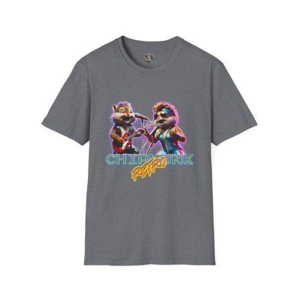 Gray Chipmunk Retro t-shirt featuring two animated chipmunks playing guitars, with the text "Chipmunk Rock" in colorful letters.