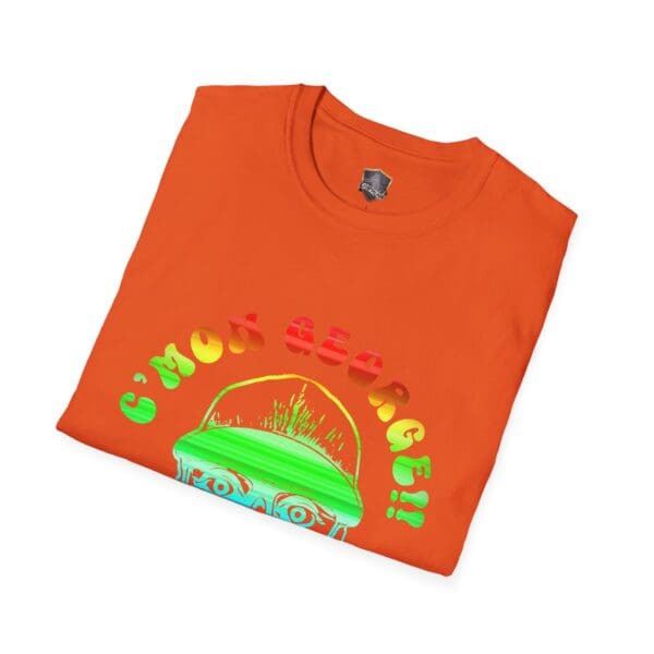 The "C'mon George!! Retro Rainbow Roadie T-Shirt" features a stylized face design and the text "C'MON GEORGE!!" in vibrant colors.