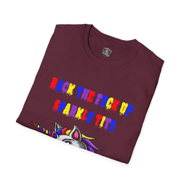 Colorful Angry Unicorn Tee in maroon, featuring vibrant text saying "Back the fuck up sparkle tits" above a unicorn illustration.