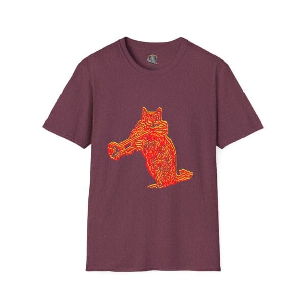 Dark maroon Chipmunk T-shirt featuring a stylized red and orange illustration of a raccoon holding a tuba.