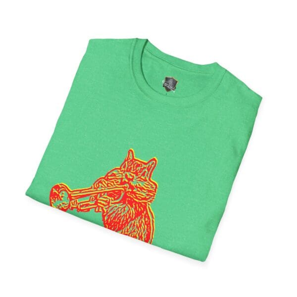 Green Chipmunk T-Shirt featuring a red and yellow graphic of a cat playing a trumpet.