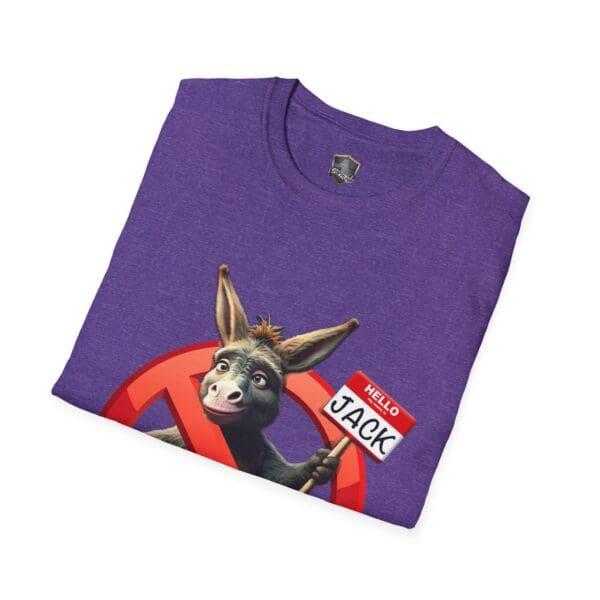 Purple t-shirt featuring a cartoon donkey holding a name tag labeled "Jack" with a red prohibition symbol over it, titled "Don't Be A Jack Ass.