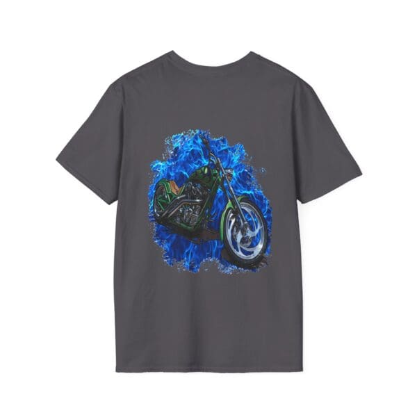 Chipmunk Motorcycle T-Shirt showcasing a colorful motorcycle graphic with blue flames.