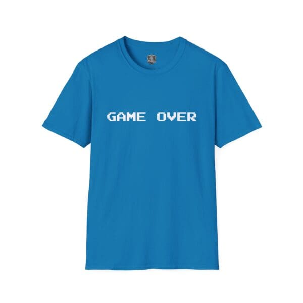 Game Over T-Shirt in blue featuring "GAME OVER" in white pixelated font on the front.