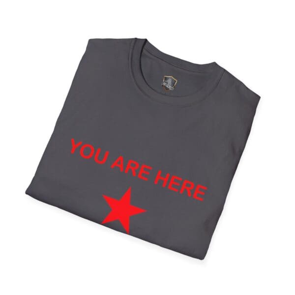 Guiding Star Tee Shirt in gray, featuring red text with "YOU ARE HERE" above a red star, folded neatly.