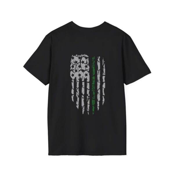 Military Support T-Shirt featuring a distressed design of an American flag with stars on top, black and grey stripes, and a single green stripe.