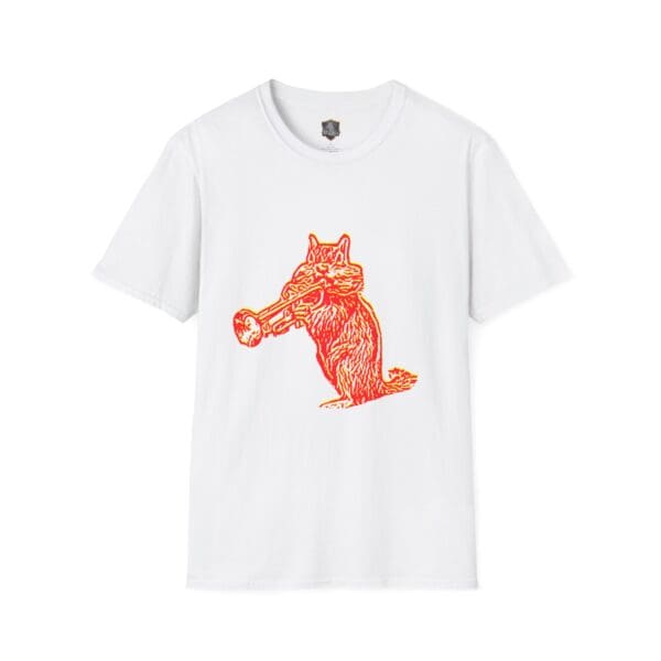 Chipmunk T-Shirt in white, showcasing a red and orange graphic of a fox holding a log.